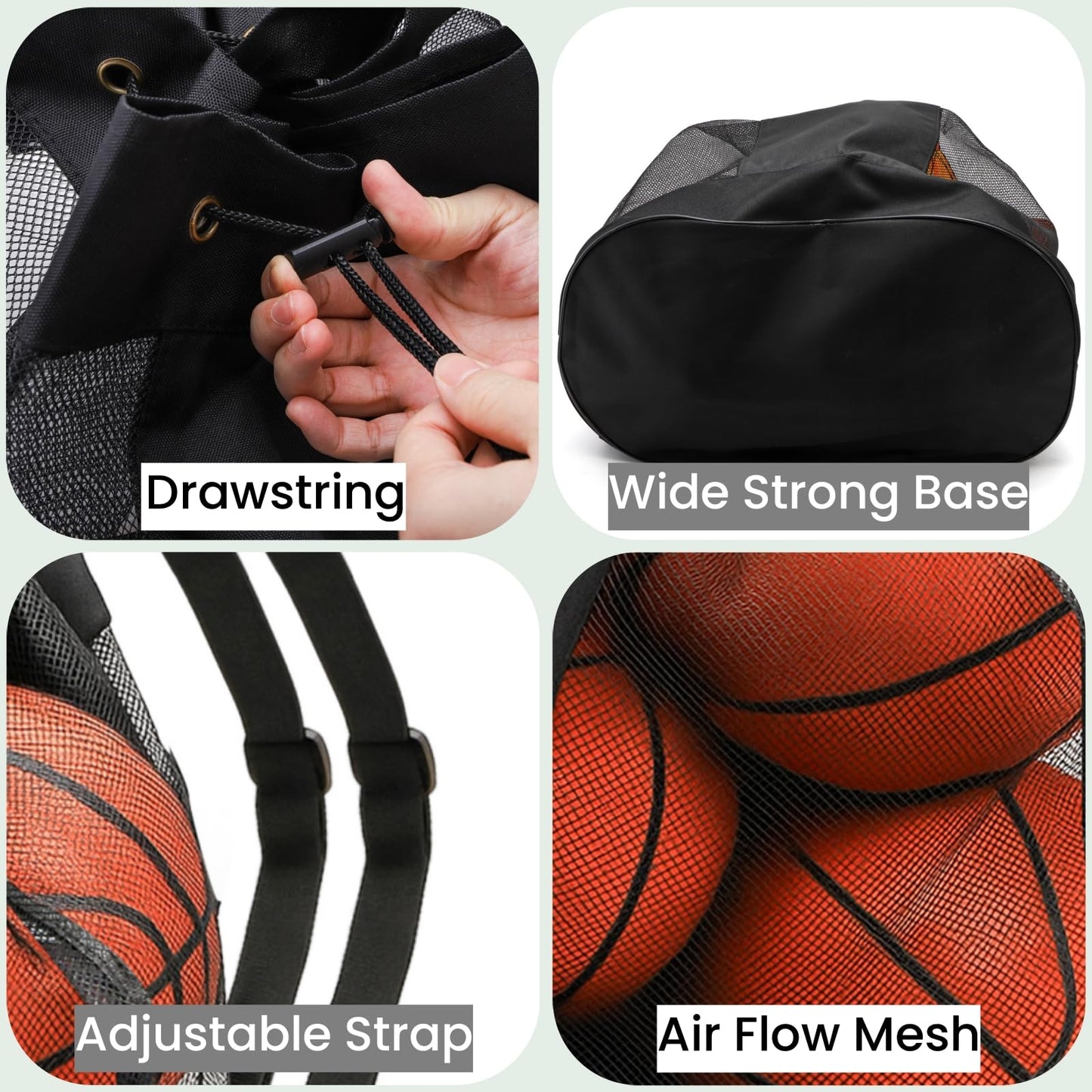 Nagpew Large Ball Bag, Mesh Sport Bag with Adjustable Double Strap, Drawstring, Heavy-duty Soccer Organizer Beach Toy Storage for Football, Basketball, Volleyball, Training