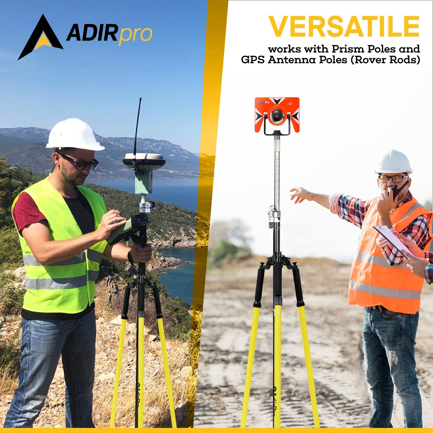 AdirPro Prism Pole Tripod – Aluminum Range Pole Tripod – Use for Survey Pole, Rover Rod, GPS Pole, Leveling Staff – GNSS RTK Rod Stand - Survey Equipment for Total Station Surveying (Yellow)