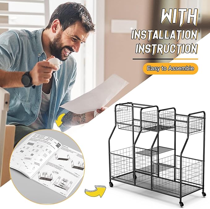 Garage Sports Equipment Organizer - Ball Storage Rack with Elastic Rope or Wire Mesh,Garage Organizer System with Wheels,Indoor/Outdoor Sports Rack for Sports Gear and Toys Storage,Black