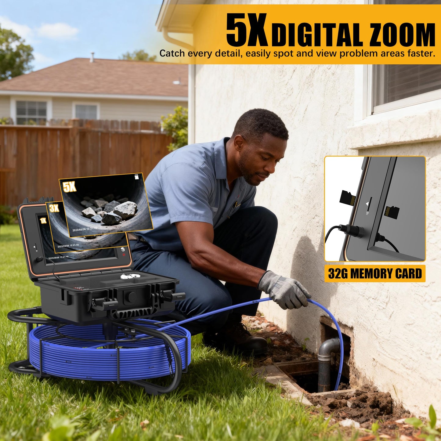 Sewer Camera 165FT, Self Leveling Drain Camera with Meter Counter, 7mm Thick Cable, 9" HD Screen 1080P Plumbing Cameras Snake with Light, 5100mAh Battery Duct Pipe Video Inspection Cam DVR 32GB