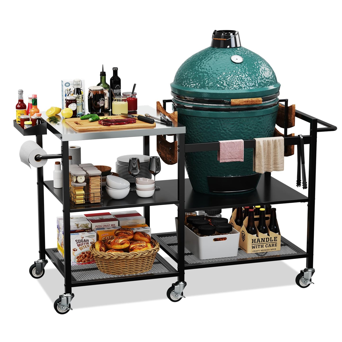 TC-HOMENY Grill Table for Big Green Egg Stand, Metal Cooking Table Stand with Wheels, Heavy Duty Outdoor Movable Style BBQ Grill Cart, Grill Holder Compatible with Large Big Green Egg and Other Models