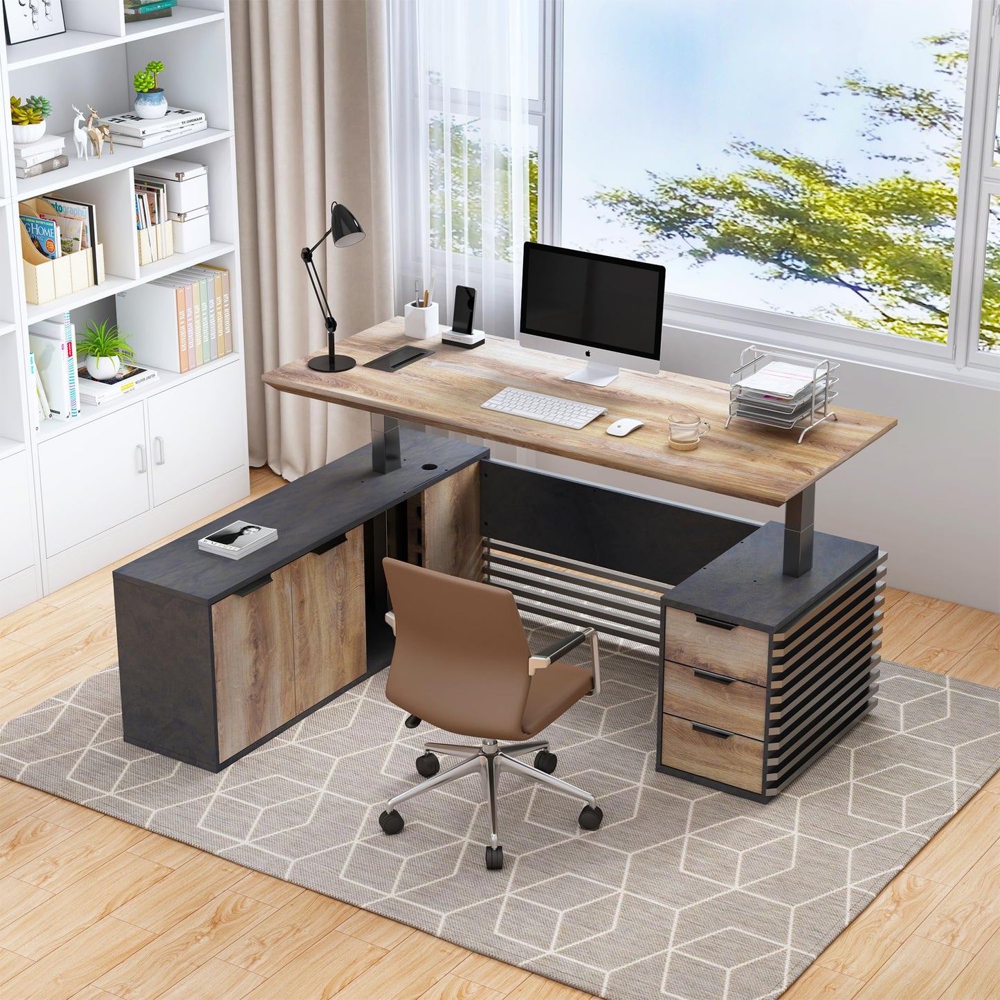 ONNAHOMEStlyle 70.87IN Adjustable Heigh L Shaped Executive Desk w/Cabinet Storage, Modern Computer Standing Home Office Desk w/File Cabinet, AC/USB, Large Writing Table Business Workstation