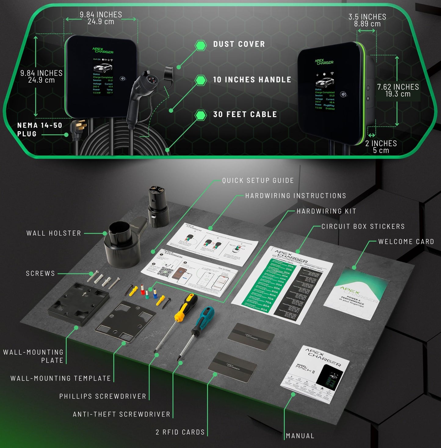 MACH 2:Fast Level 2 EV Charger 48 amp Garage-pro wall-Mount. Electric Vehicle Charging Station 4 Nema 14-50 Outlet. J1772 car Connector. Key Accessories: 30ft Cable & Tesla NACS evse Portable Adapter
