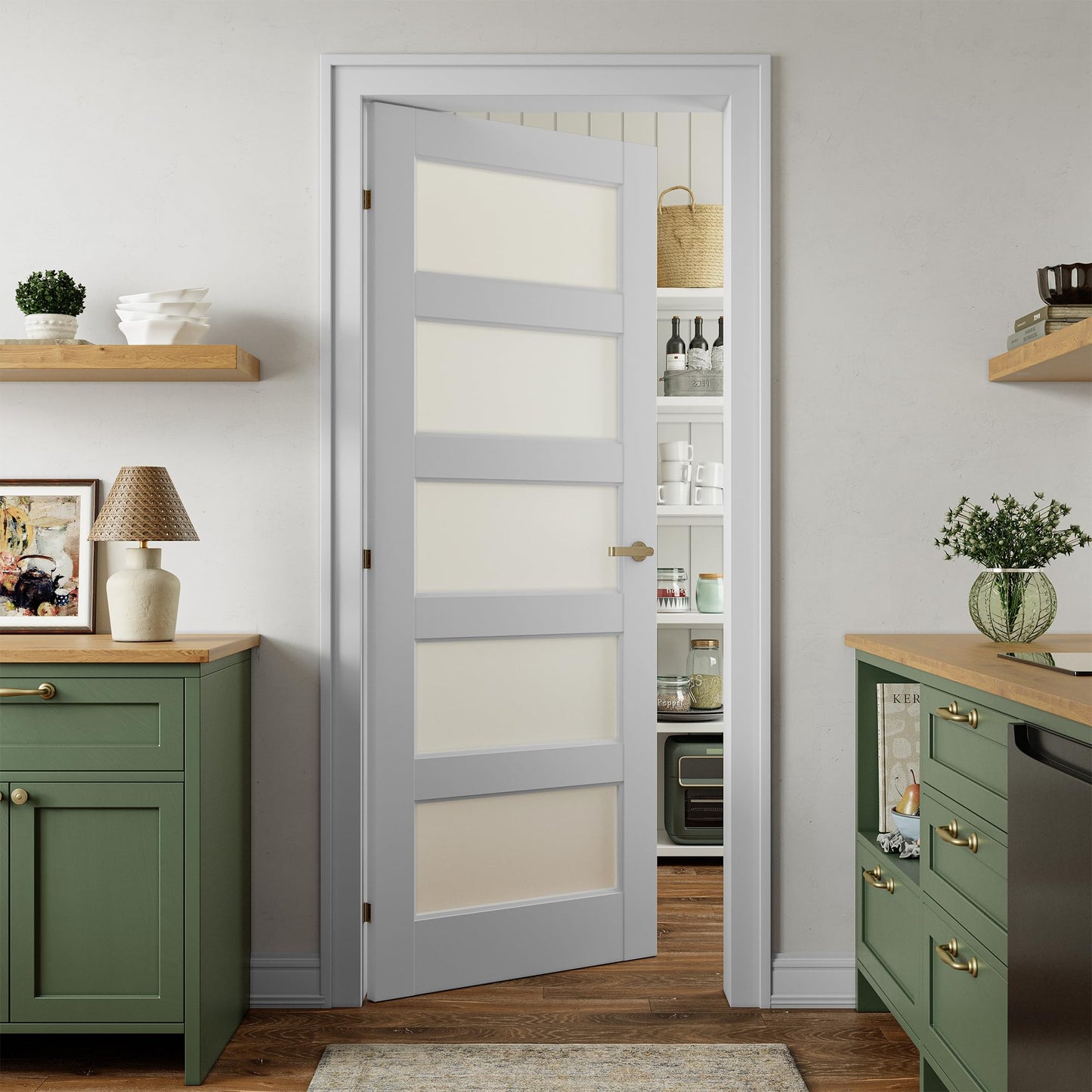 SMARTSTANDARD 5-Panel Frosted Glass Interior Door Slab, 30" x 80" Slab Door for Pantry Pocket Laundry Bathroom French, Solid Core Pre-Assembled Panel Without Hardware, White