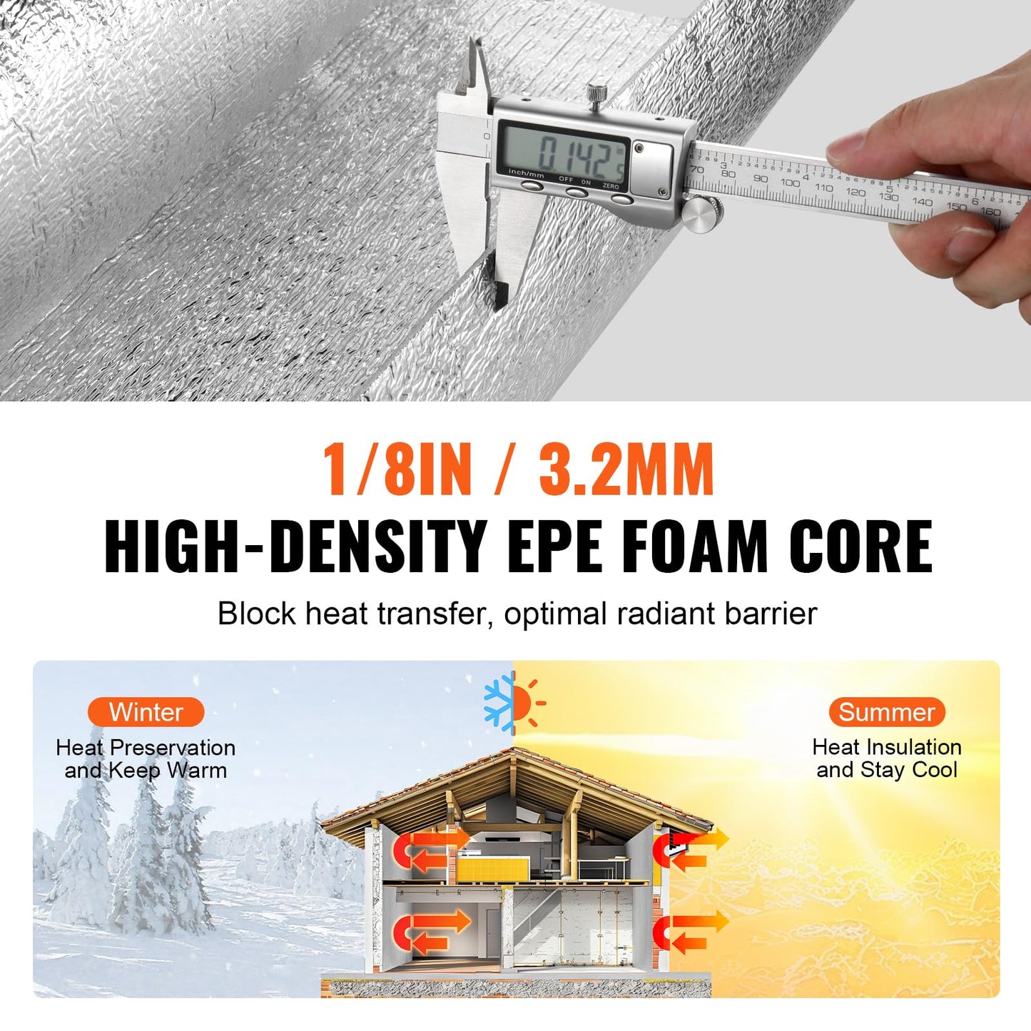 VEVOR Double Reflective Insulation Roll, Foam Core Radiant Barrier, 3.2 mm 48 in x 100 ft, Double-Sided Aluminum Foil EPE Foam Heat Reflective Shield, Thermal Insulation Roll for Window RV Roof