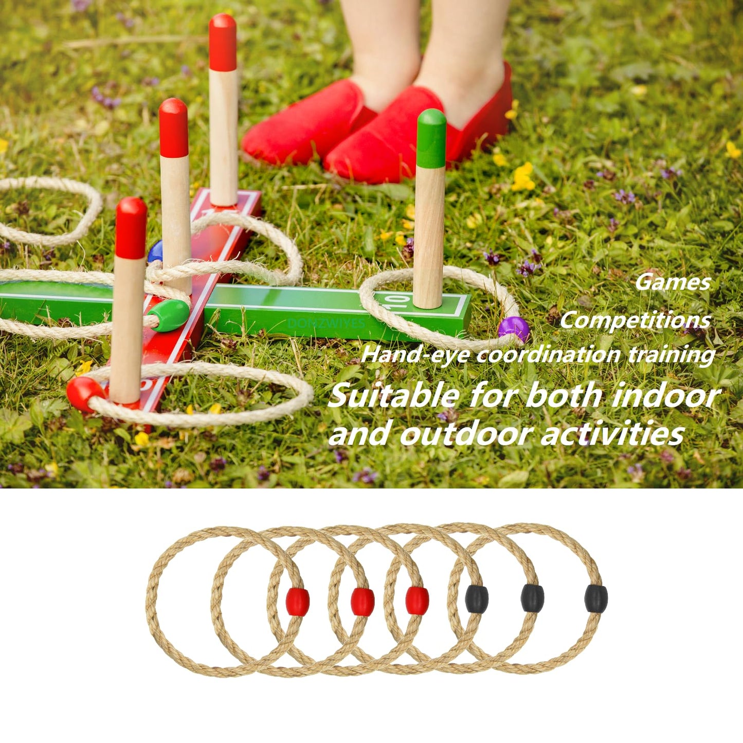 6 Pack Sisal Rope Ring Toss Game Replacement Parts for Adults and Kids, Outdoor Toss Rings for Agility Practice and Speed Game and Yard Games and Lawn Games for Party (Red and Black)