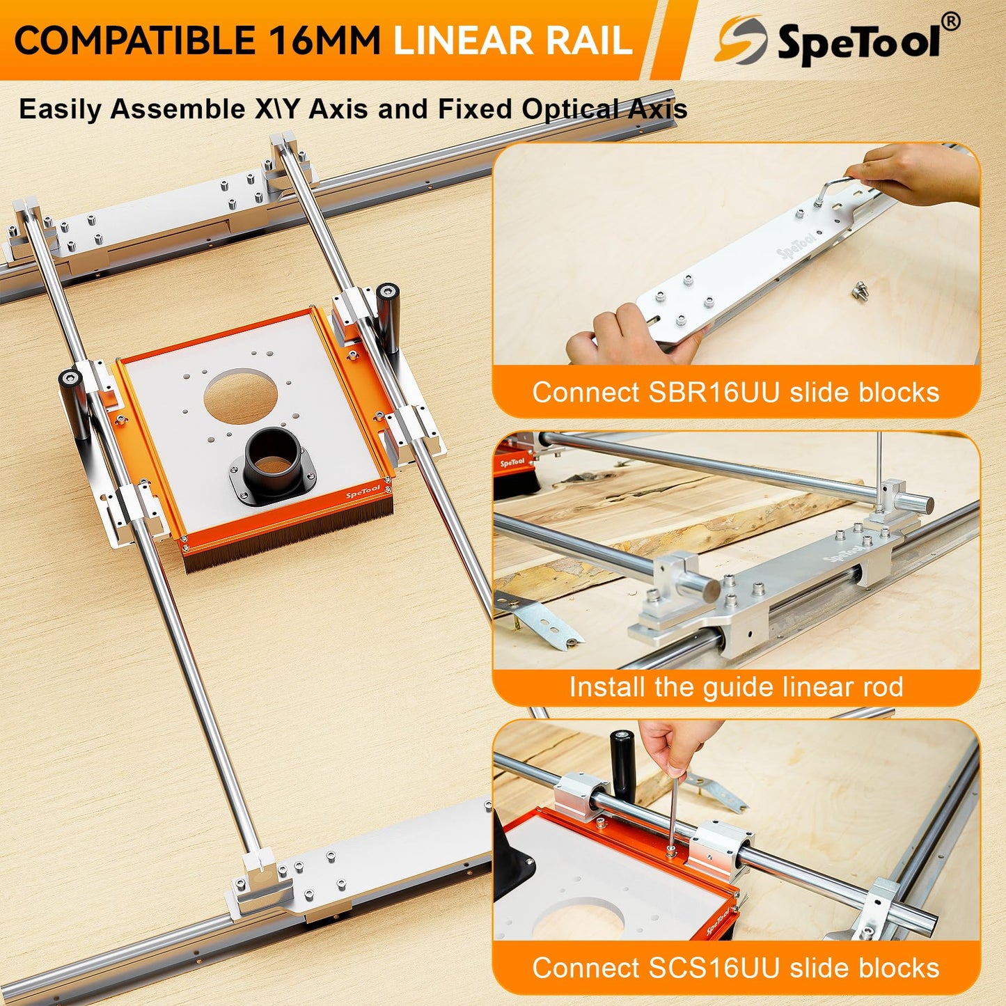 SpeTool Upgraded Linear Rail Connector with Dust Collection, Fits 16mm Linear Rails, Router Sled Slide, SBR16UU & SCS16UU Slide Blocks, PE Router Plate Compatible with Multiple Routers