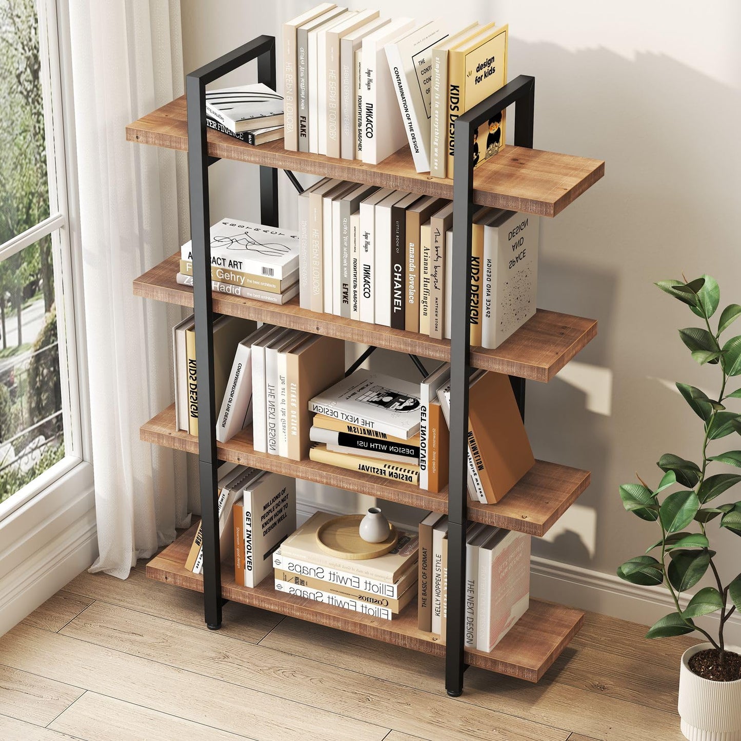 HSH Industrial 4 Tier Solid Wood Bookcase, Real Natural 4 Shelf Rustic Wooden and Metal Bookshelf, Farmhouse Open Vintage Etagere Book Shelf for Office Living Room Bedroom Storage, Distressed Brown
