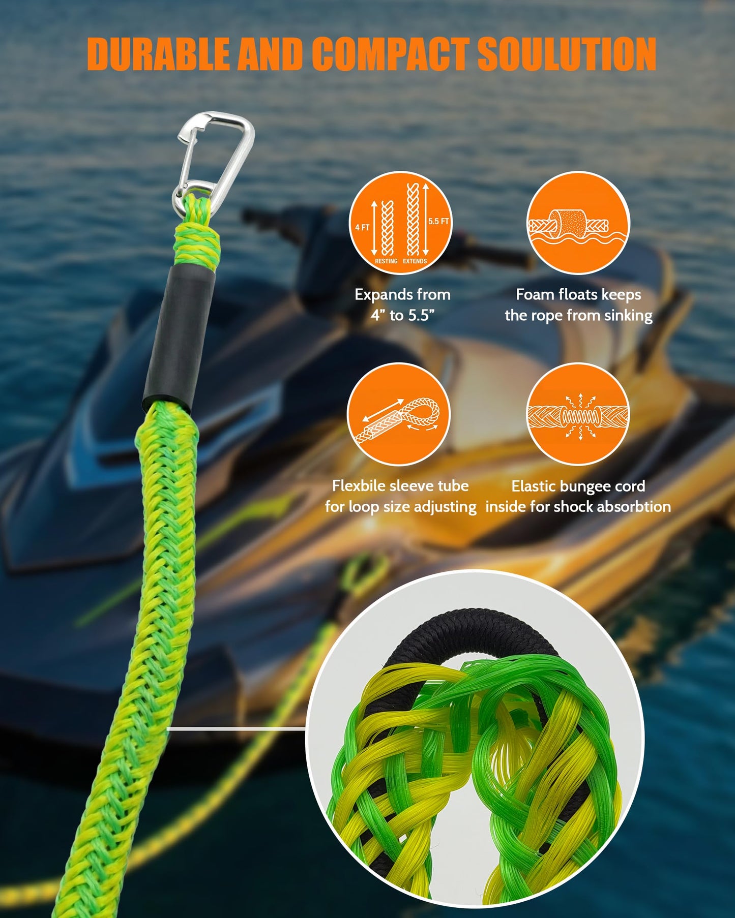 2Pack 4 FT Bungee Dock Lines with 316 Stainless Clips, Shock-Absorbing Elastic Marine Mooring Ropes/Tie Downs for Boat, Jet Ski, Kayak, Pontoon, PWC Accessories, 2200LB Breaking Strength