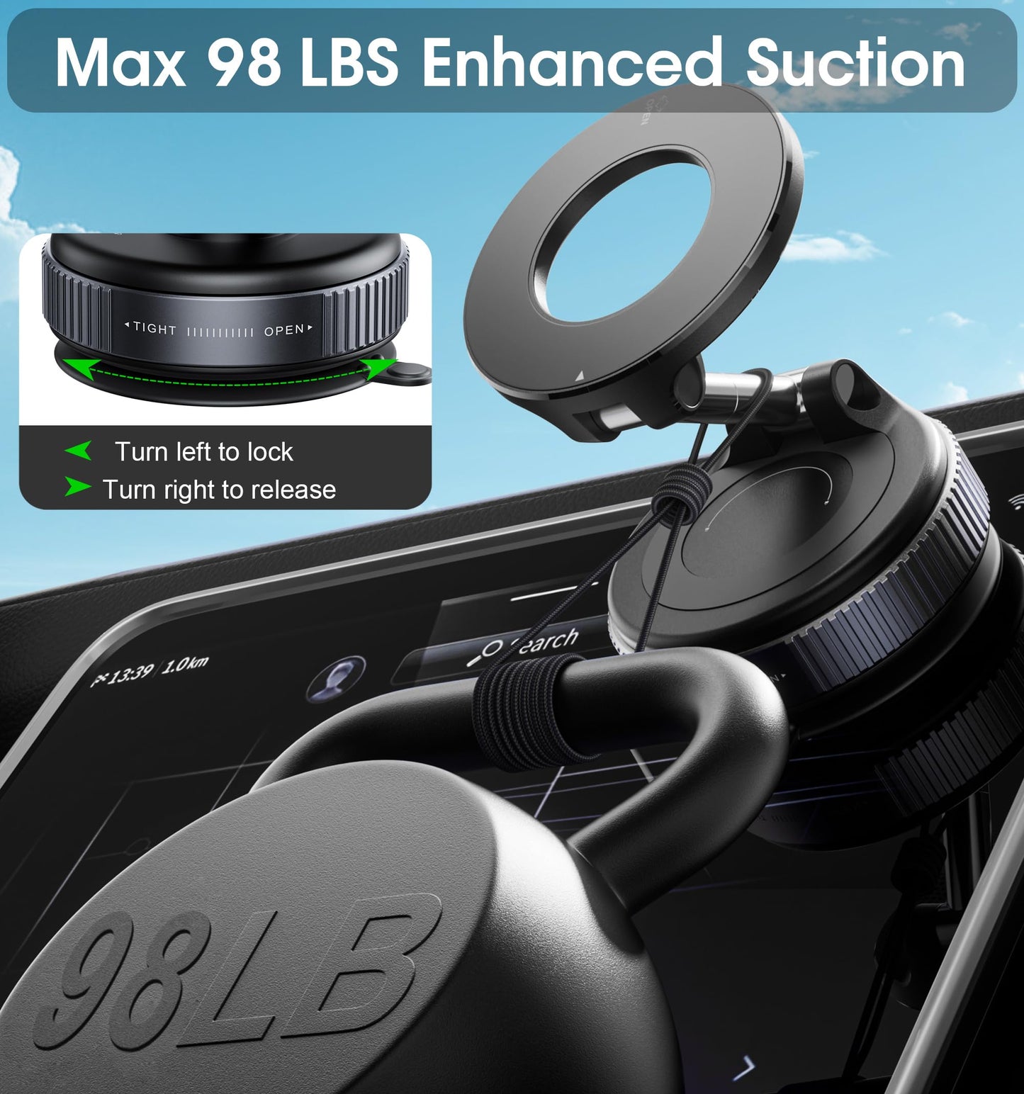 REOKILY 2026 Upgraded Vacuum Magnetic Car Phone Holder 360° Reinforced 96LBS Ultra Suction Cup Phone Mount for MagSafe Cell Phone Holders for Your Car/Gym/Mirror Mount for iPhone & Android