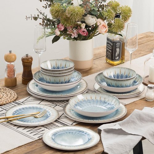MissYip Melamine Dinnerware Set, 16 Piece for 4, Unbreakable Kitchen Plastic Plates and Bowls set, Indoor and Outdoor Use Tableware, BPA Free, Dishwasher Top Safe, Not Microwave, Not Oven(Blue)