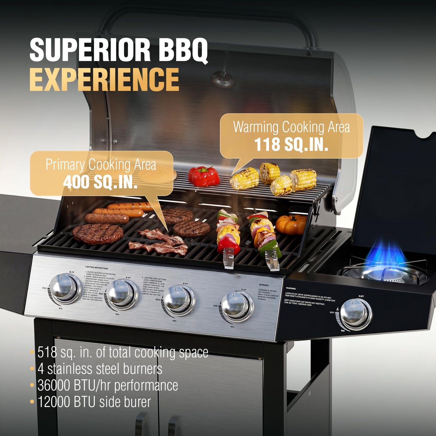 MASTER COOK 4+1 Burners Gas Grill, 518 Sqin Cooking Area, 52,000 BTU Propane Grill with Side Burner, Stainless Steel Cabinet Grill, Silver & Black
