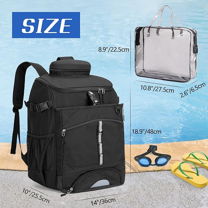Swim Backpack for Swimmers, Swim Equipment Bag with Additional PVC Transparent Bag for Workout Gear, Swimming Backpack for Swimming, Pool, Beach and Gym, Black