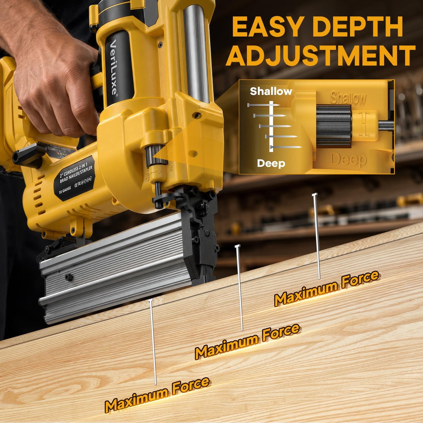 Cordless 2" Brad Nailer Compatible with Dewalt 20V Battery (No Battery), 2-in-1 Electric 18 GA Nail Gun/Staple Gun Battery Powered with 1200 Nails/Staples, 2 Modes, Adjustable Depth, Safety Nose, LED
