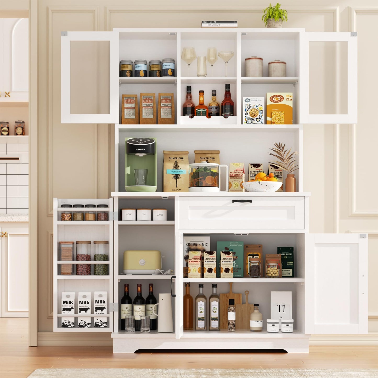 Vongrasig Kitchen Pantry Cabinet, Large Kitchen Hutch Formhouse Storage Cabinet with Microwave Stand, Tall Food Pantry for Dining Room, Living Room, White