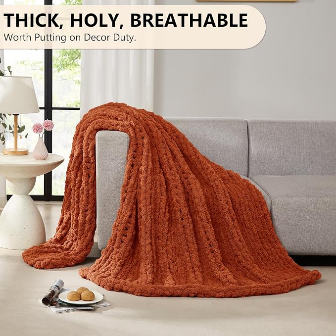 L'AGRATY Chunky Knit Blanket Throw: 50''x60'' Chenille Chunky Knitted Throw Blanket for Bed Couch - Handmade Thick Big Cable Knit Blanket - Large Crochet Rope Blankets for Home Decor(Rusty Orange)