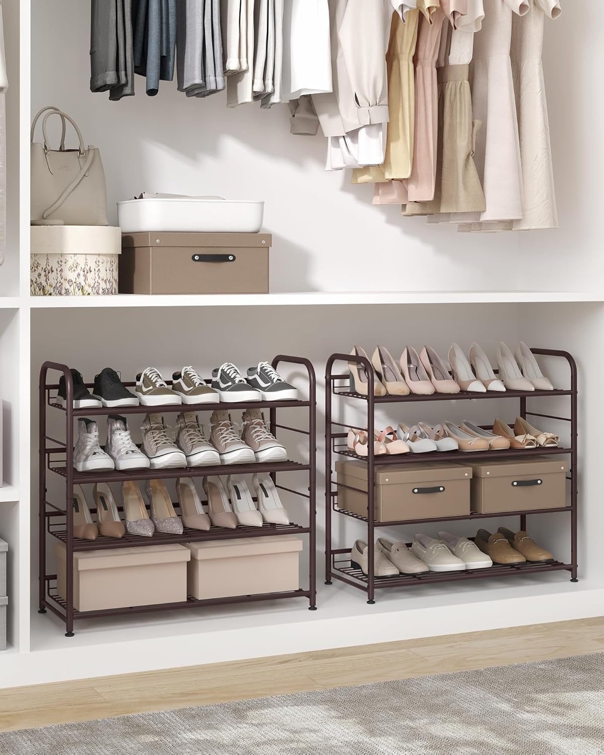 SONGMICS 4-Tier Stackable Shoe Rack - Adjustable Metal Storage Shelf for 16 Pairs | Bronze Finish