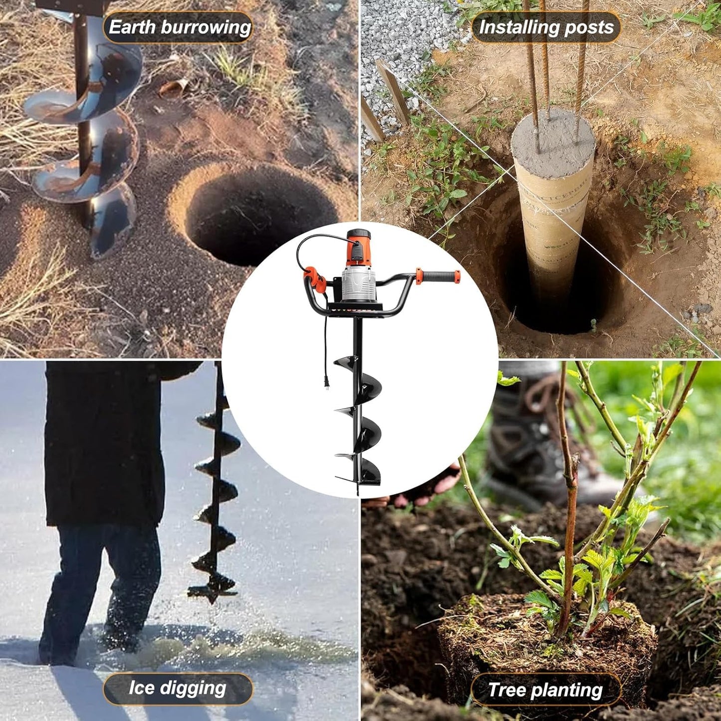 NEO-TEC 1700W Electric Earth Auger, Post Hole Digger with 4"/6"/8" Drill Bits & Extension Rod, High-Torque Power Drill for Planting, Fencing, Garden Lawn