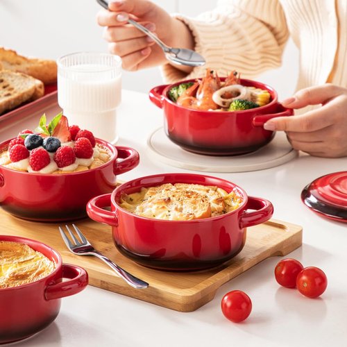LOVECASA Mini Cocotte Set - 12 OZ Casserole Dishes with Lids | Oven & Microwave Safe, Set of 4, Red