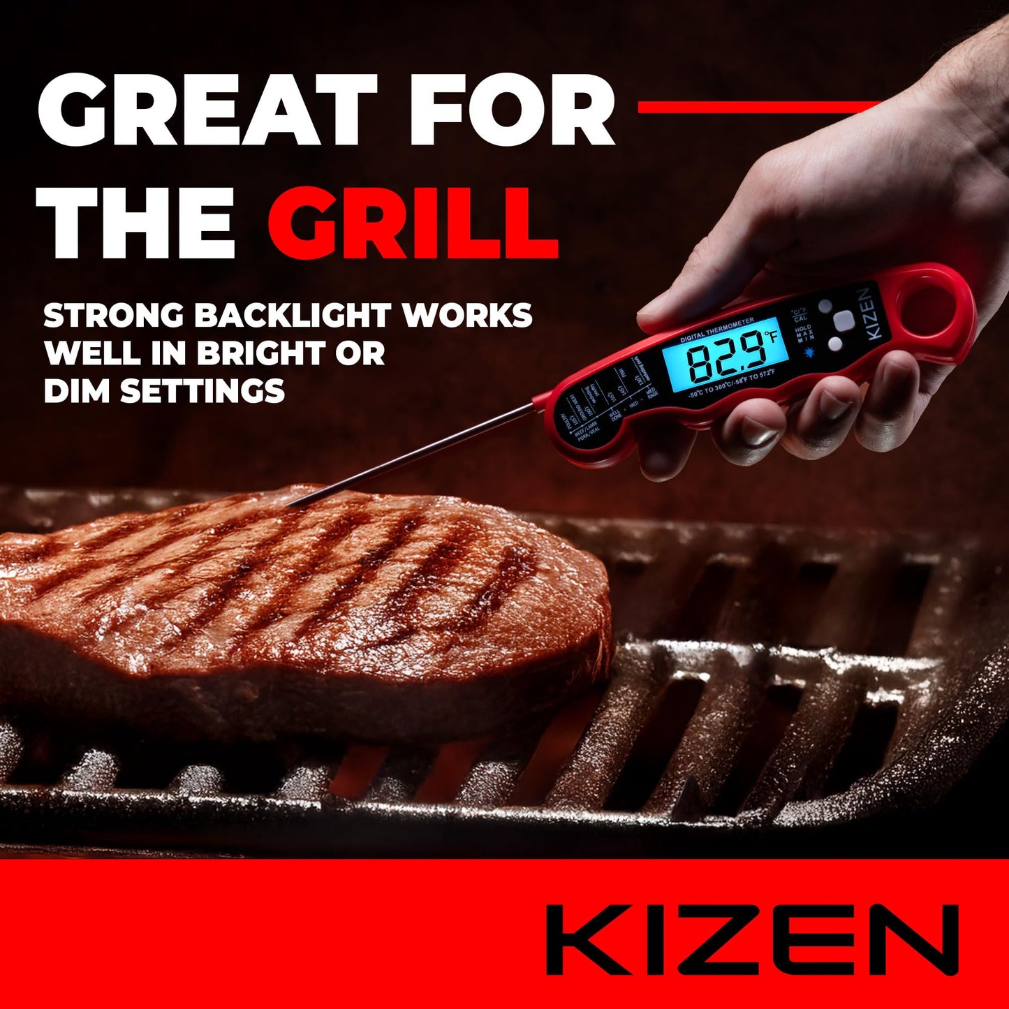 KIZEN Instant Read Meat Thermometer Digital - Food Thermometer for Cooking, Grill, Oven, BBQ - IP67 Rated Waterproof - Large Backlit Display and Magnetic Back