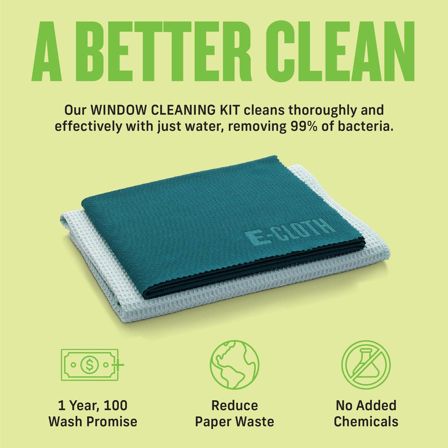 E-Cloth Microfiber Cleaning Cloth Glass Kit - Microfiber Towel Window Cleaning Kit - Microfiber Towels for Cars, Windows, Mirrors, & More - Winter Green