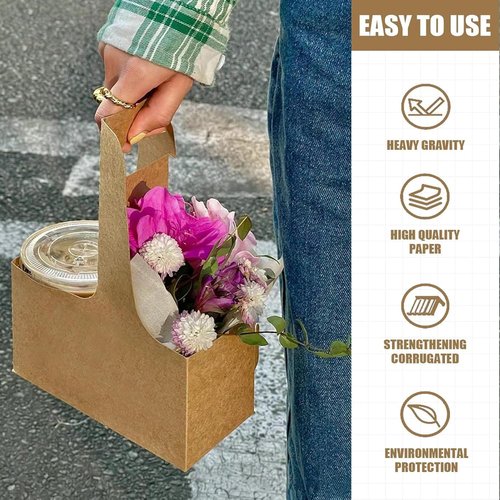 2 Cup Disposable Drink Carrier for Delivery with Handle, 10 Kraft Paperboard Cup Holder, Cup Carriers for Hot or Cold Drinks, to Go Coffee Cup Holder for Food Delivery Brown