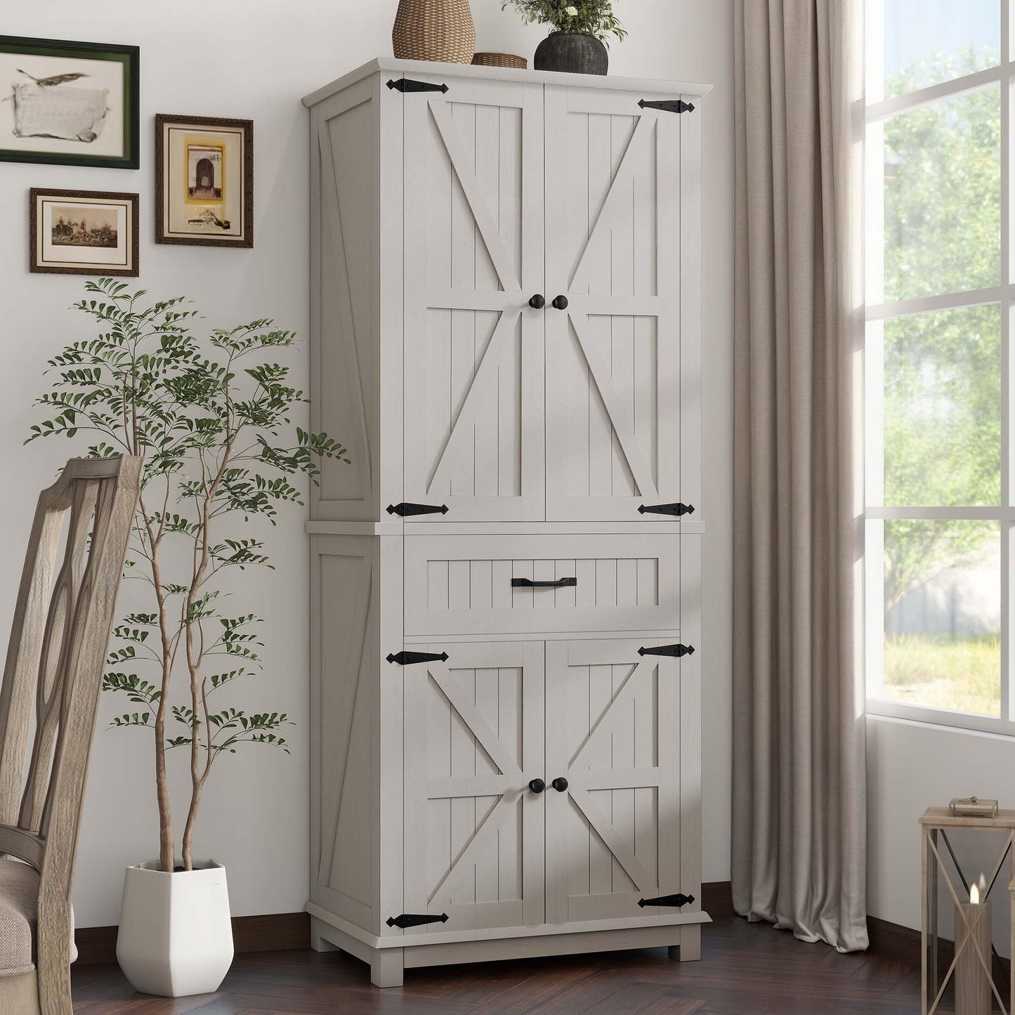 DWVO 72" Tall Farmhouse Pantry Cabinet, Kitchen Storage Pantry with Barn Doors & Drawer, Versatile Organizer with Adjustable Shelves, Rustic Cupboard for Dining Room, Living Room, White Oak