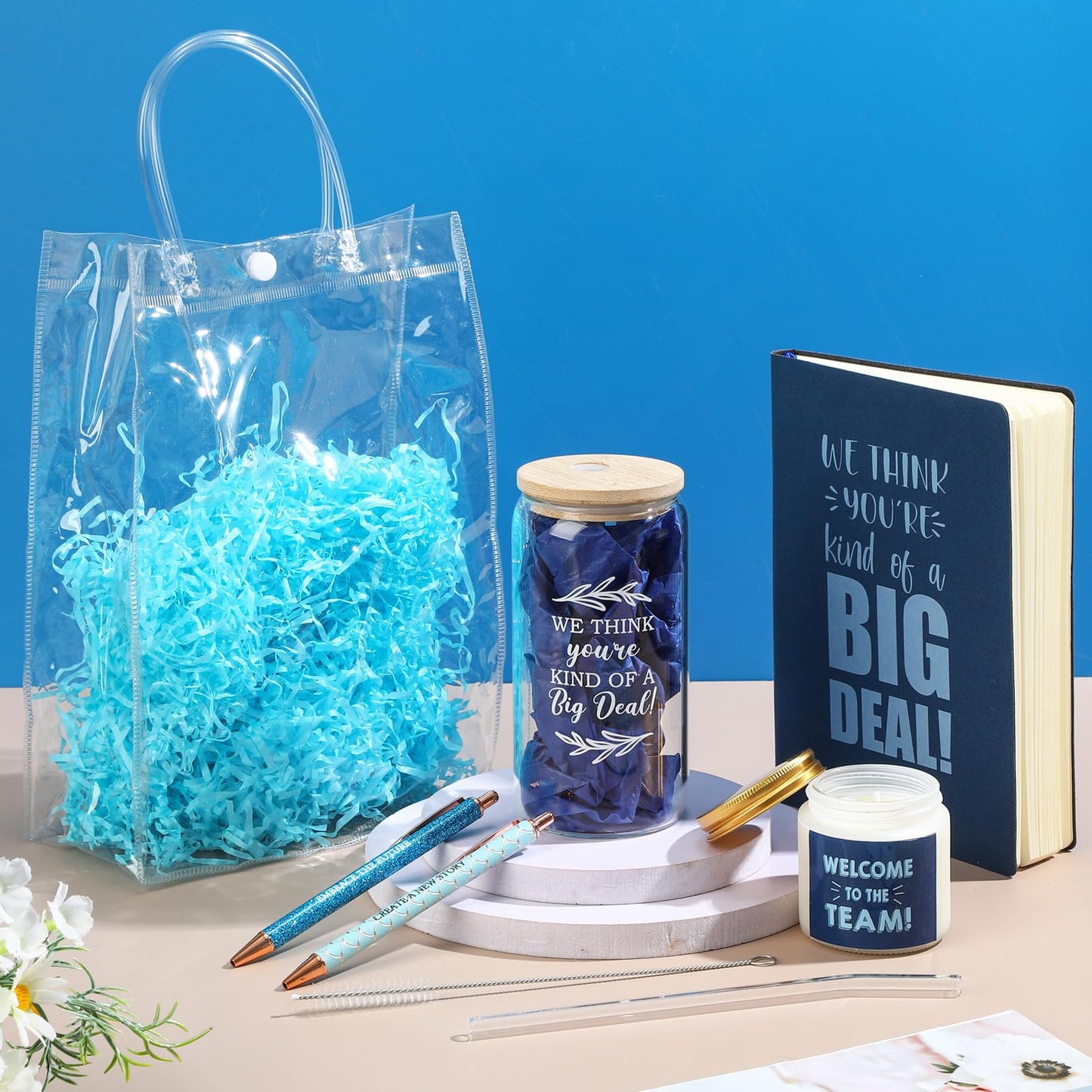 Thenshop 6 Pcs Welcome to the Team Gifts Bulk for New Employee Inspirational Glass Tumbler Notebook Pens Scented Candle with PVC Bag Employee Appreciation Gift Sets for New Coworker Office(Blue)