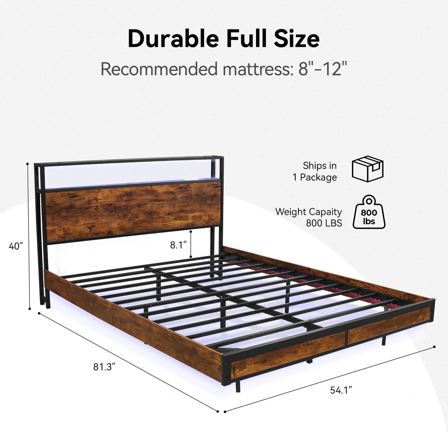 BedsPick Full Bed Frame with 2-Tier Storage Headboard, Metal Platform Full Size Bed Frame with Smart LED Lights & USB Charging Station, Noise-Free/Metal Support/No Box Spring Needed, Brown