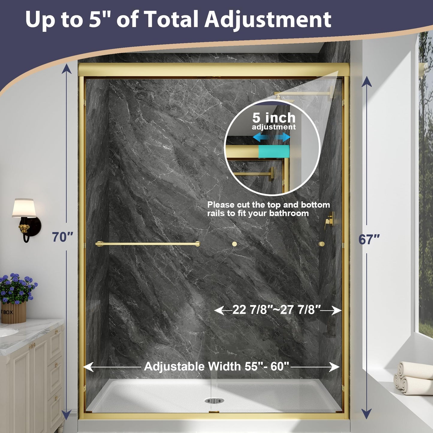 EASYWORC Double Sliding Shower Door, 55"-60" W x 70" H Semi-Frameless Glass Shower Door, 1/4'' (6mm) Clear SGCC Tempered Glass with Explosion-Proof Film and Nano Coating, Brushed Gold