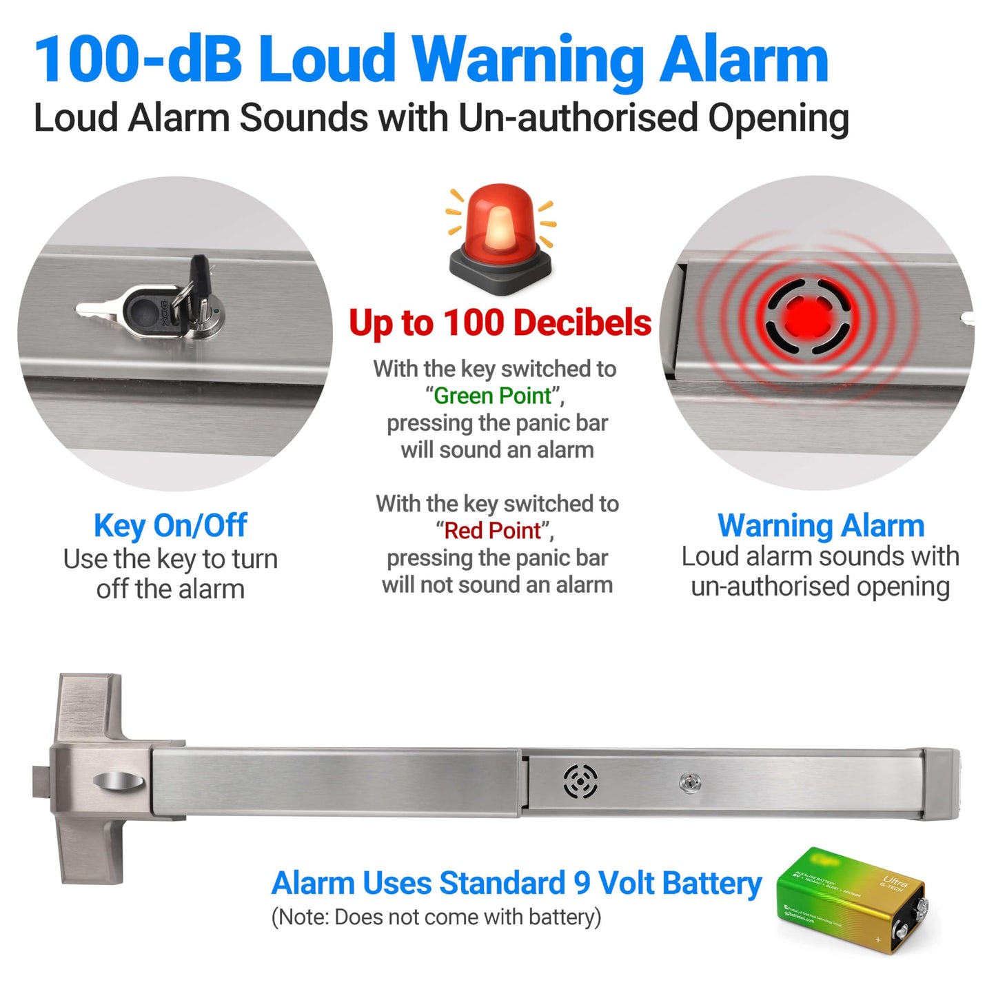 Polar Tangro Commercial Door Push Panic Bar, 31’’ Exit Alarm Device Panic Bars with Exterior Lever Handle, Stainless Steel Panic Bars with 3 Keys for Emergency Exit, Suitable for Metal, Wood Doors