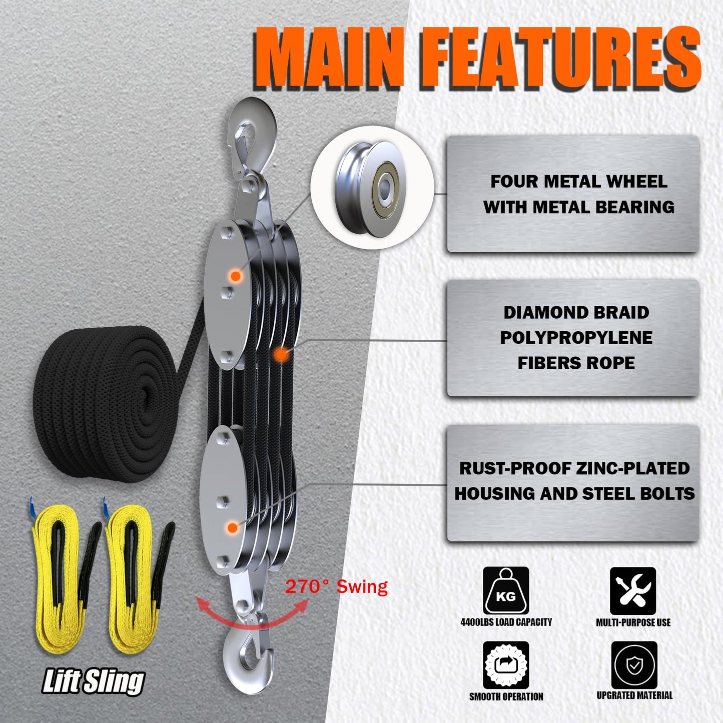 YATOINTO Rope Hoist Pulley System with Metal Bearing, 4400LB Pulley Block and Tackle, 8:1 Lifting Power 65ft, Heavy Duty Pulley Block for Hunting Lifting Garage Warehouses Building (with 2PCs Straps)