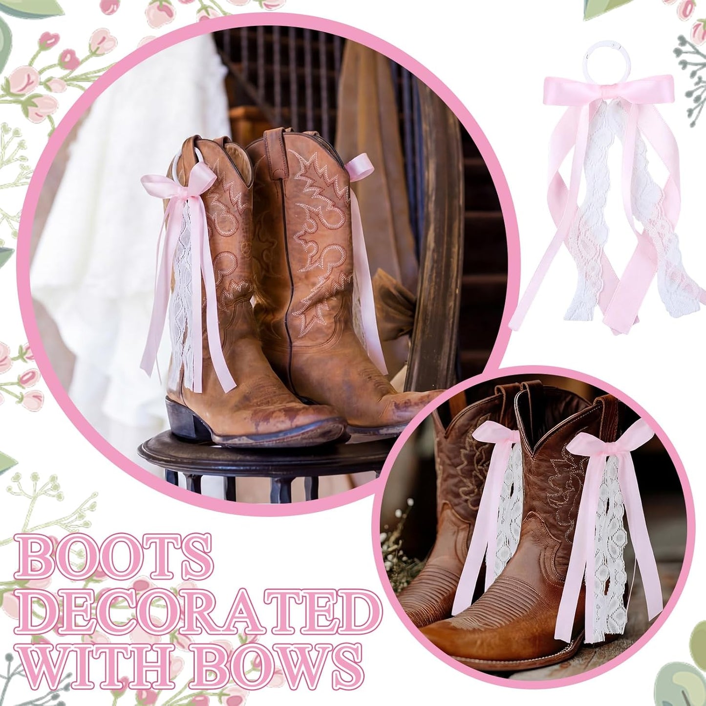 Skiennix Pink Ribbon Boot Bows - Removable Lace Clips for Cowgirl Boots | Perfect for Weddings & DIY Decor