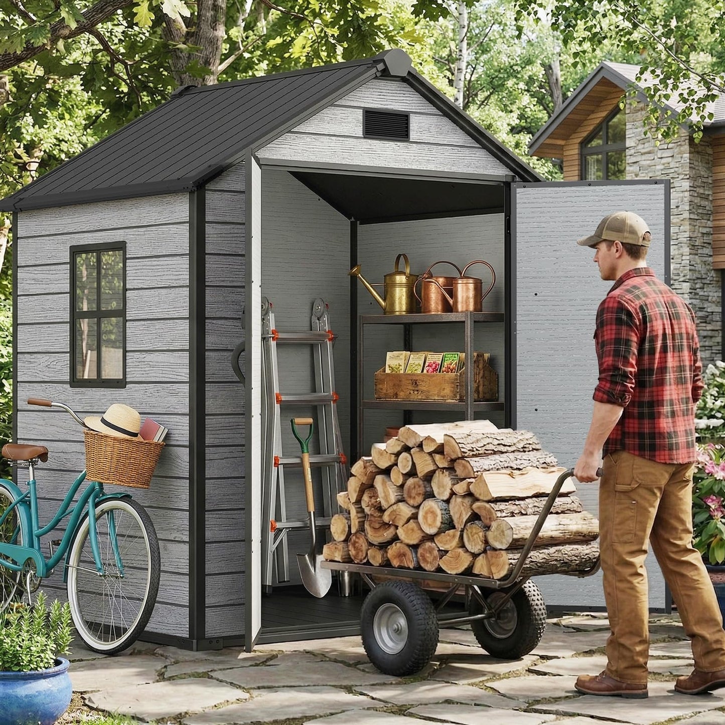EHHLY 6x4.4 FT Outdoor Storage Shed with Floor, Durable 16mm Resin Shed for Backyard & Patio, Waterproof Lockable Tool Shed with Window & Vents for Bikes, Lawn Equipment & Garden Tools, Gray