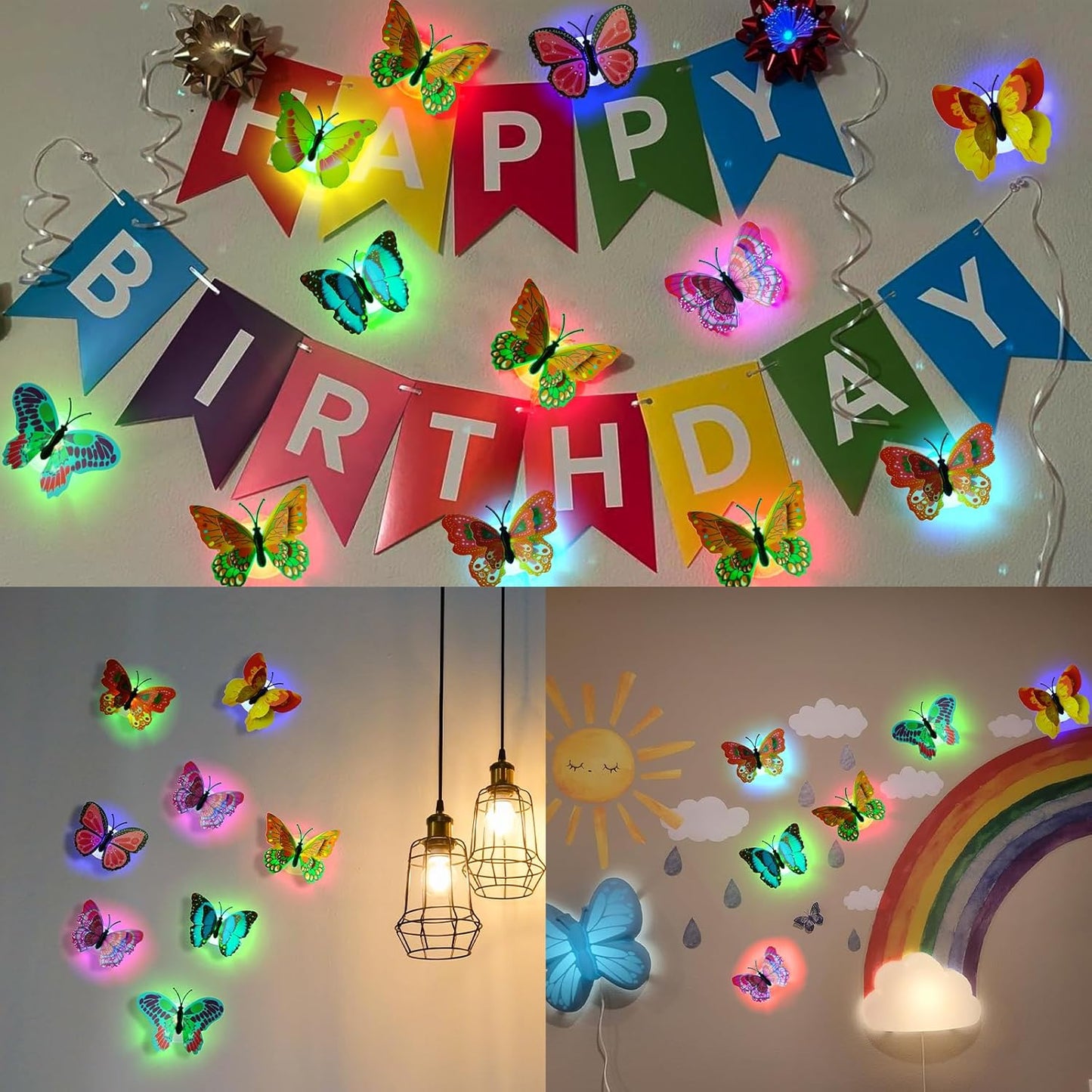 Skiennix 3D Butterfly Wall Decor - Glowing Lights & Stickers for Bedroom, Party, and Birthday (24 Pcs)