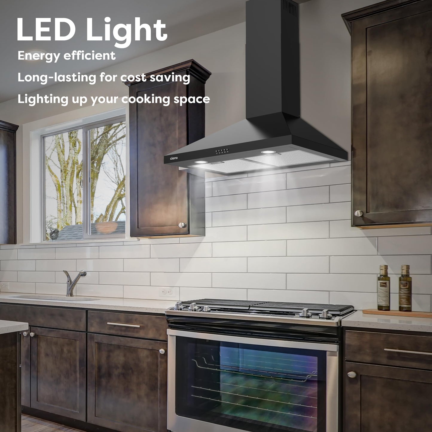 CIARRA Black Wall Mount Range Hood 30 inch 550 CFM Stove Vent Hood with 2 LED Light for Kitchen, 3 Speed Fan, Ducted & Ductless Mode, Push Button, Easy to Install, CAB75206P-N