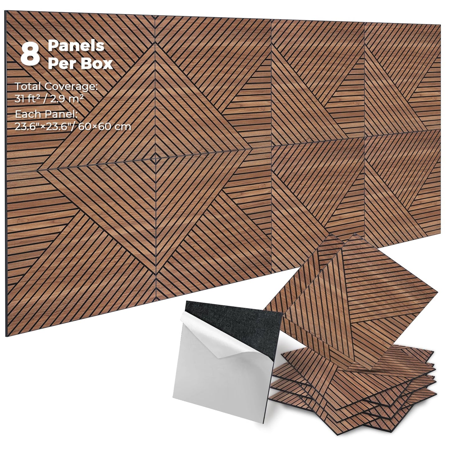 GreenClad 3D Peel and Stick Acoustic Wall Panels – 8 Pack Self-Adhesive Wood Pattern Soundproof Panels 23.6” x 23.6” for Interior Wall Decor, Bedroom, Living Room, Office (Golden Maple)