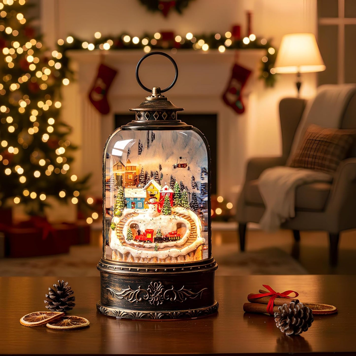 Skiennix Christmas Snow Globe Lantern - Glittering Snowman & Train with Music | USB & Battery Operated