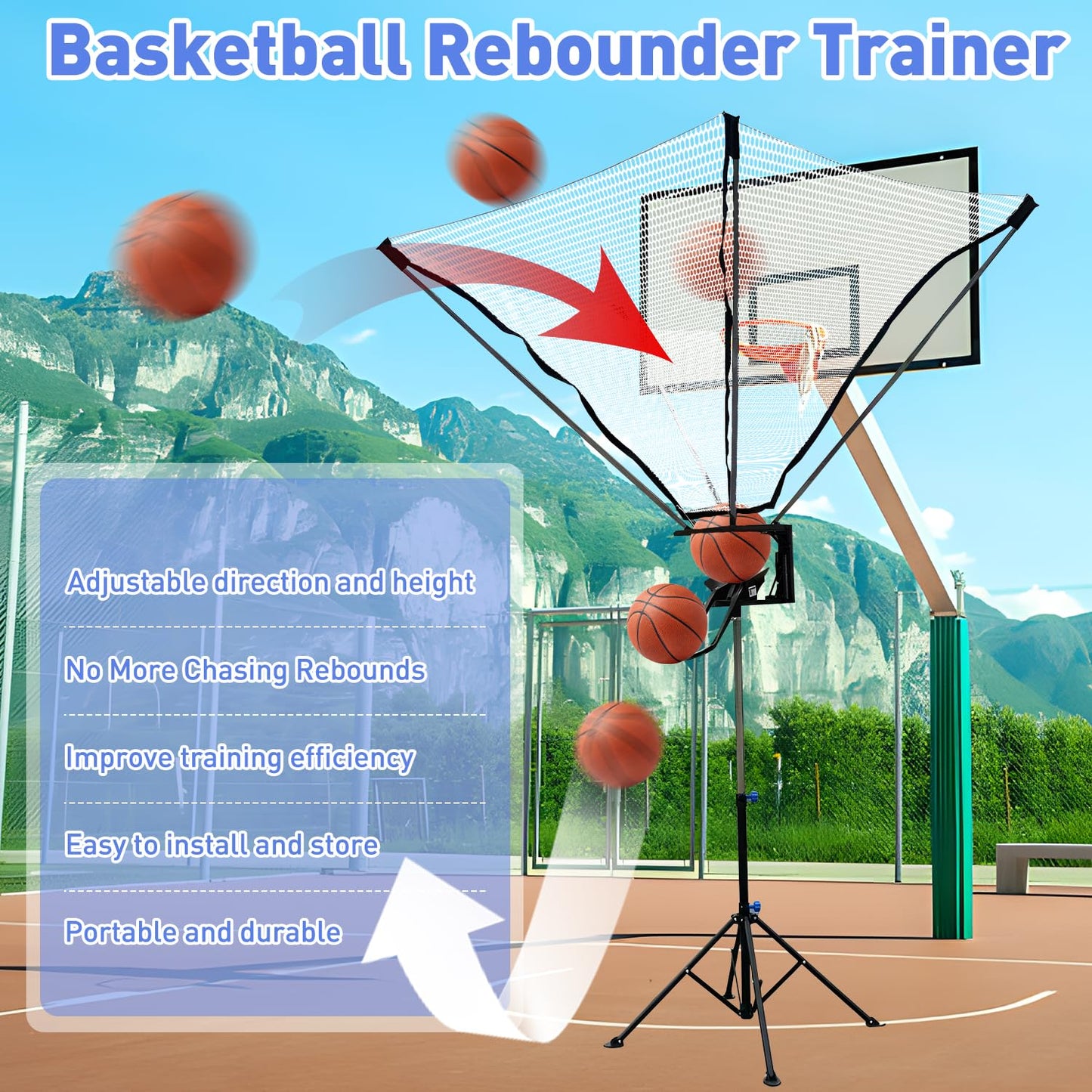 Upgraded Basketball Return Attachment, Adjustable Height Basketball Rebounder, Portable Shot Hoop Trainer with 180° Rotating Track, Rebounder Net Return System for Solo Play and Practice