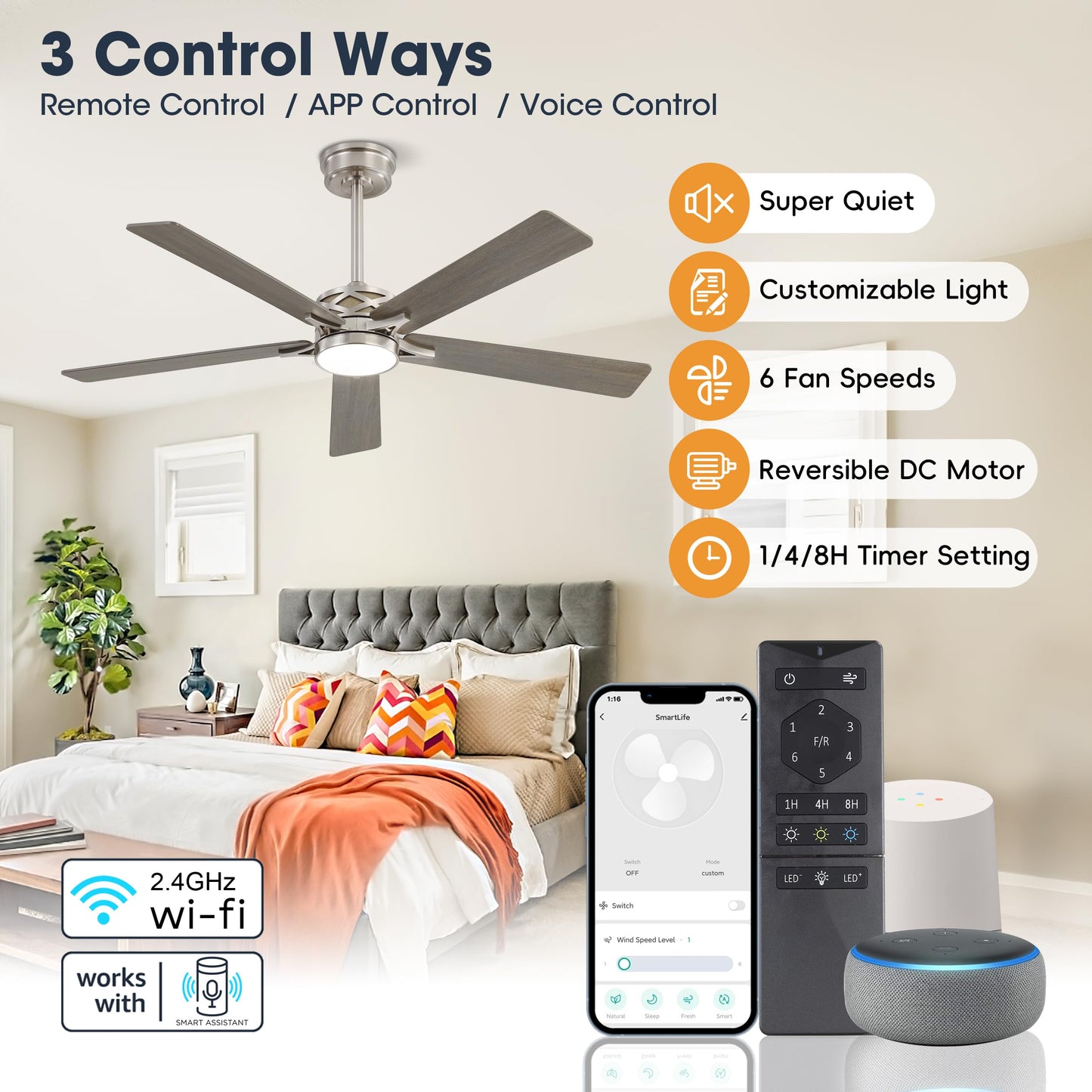 WINGBO 52" Smart Ceiling Fan with Lights, 5 Plywood Blades, 6 Speeds Reversible DC Motor, Works with Alexa and Google Assistant, 3CCT Dimmable LED Ceiling Fan for Bedroom Living Room, Nickel and Grey