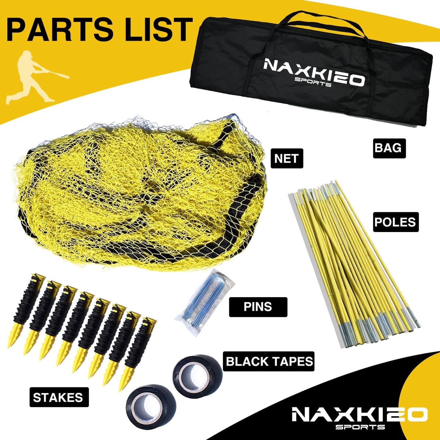 NaxKizo Upgraded 22ft x 12ft x 8ft Baseball & Softball Batting Cage Net with Pitching Machine Hole, 4ply 1.25'' Anti-Tear Netting, 13.4MM Fibreglass Poles, Portable Carry Bag