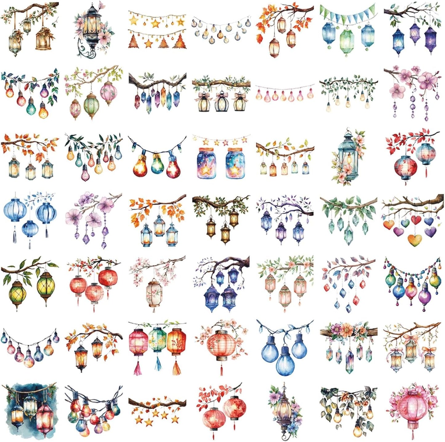 Tufeifrank 50PCS Watercolor Hanging Lantern and String Light StickersClear Tree Branch Scrapbook Stickers