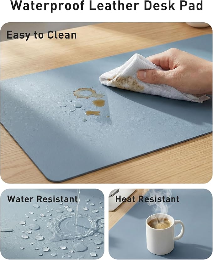 Aothia Faux Leather Desk Mat - Large Mouse Pad, Non-Slip PU Leather Blotter, Waterproof Writing Surface for Office and Home (Denim Blue, 42" x 17")