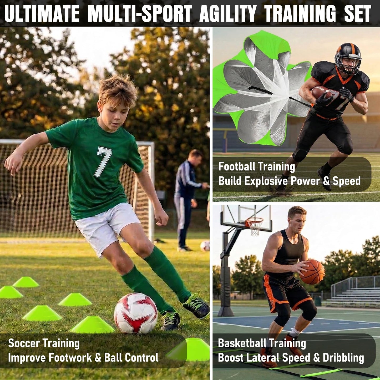 Agility Ladder Speed Training Equipment Set-20ft Agility Ladder,12 Soccer Cones,4 Hurdles, Jump Rope, Running Parachute, Basketball Football Soccer Training Equipment for Kids, Youth, Adults(green)