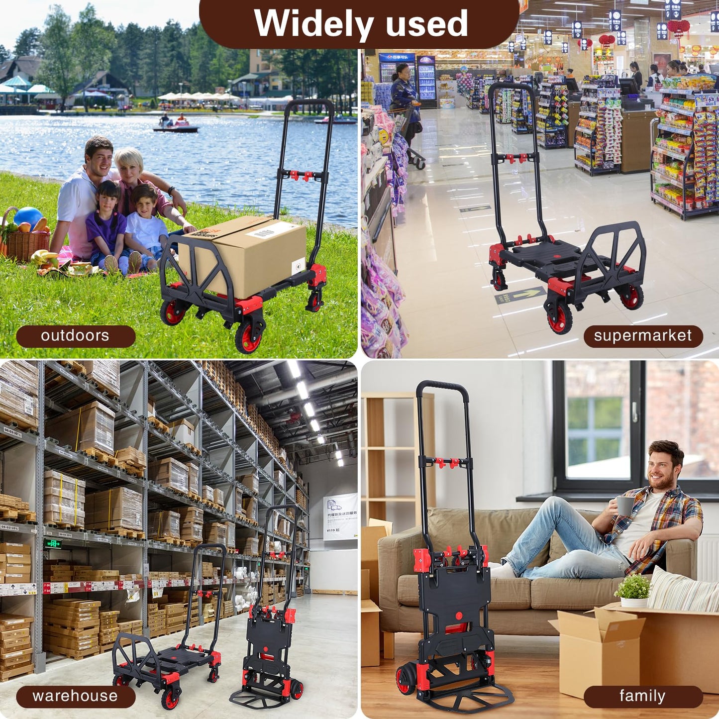 2-in-1 Folding Hand Truck Dolly 330LB Load Carrying,Hand Truck Foldable Dolly with Retractable Handle and 4 Rubber Wheels,Portable Folding Hand Cart for Luggage/Travel/Office