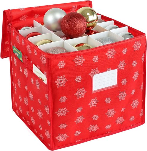 Christmas Ornament Storage Box - Holds 64 Ornaments - Durable Non-Woven Containers with Adjustable Dividers