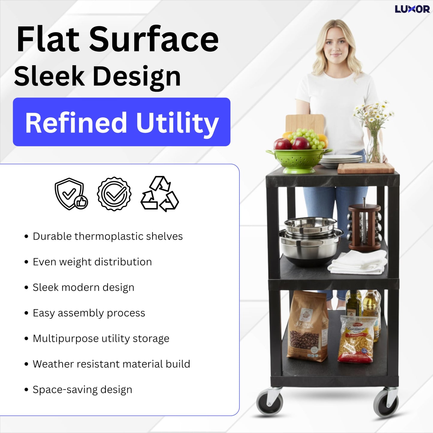 Luxor EC222-B Multipurpose Utility Cart, 32" x 18", 1.62" Thick Flat Shelves, Ergonomic Push Handle, 4" Full-swivel Casters, Locking Brake, 300 lbs Max Capacity, Black
