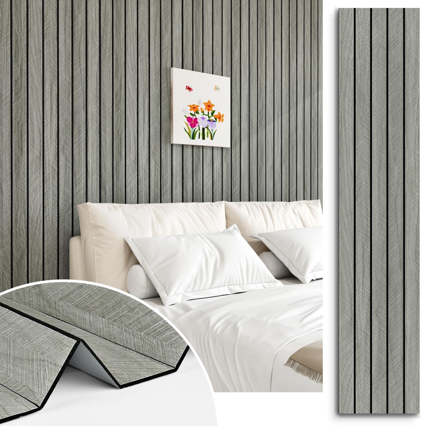 STICKEEP Grey Wood Wall Slat Panels Peel and Stick 3D Fluted Wood Panels for Interior Wall Decor 118" x 11.8" Self Adhesive Acoustic Wooden Paneling for Bedroom Living Room TV Background Kitchen