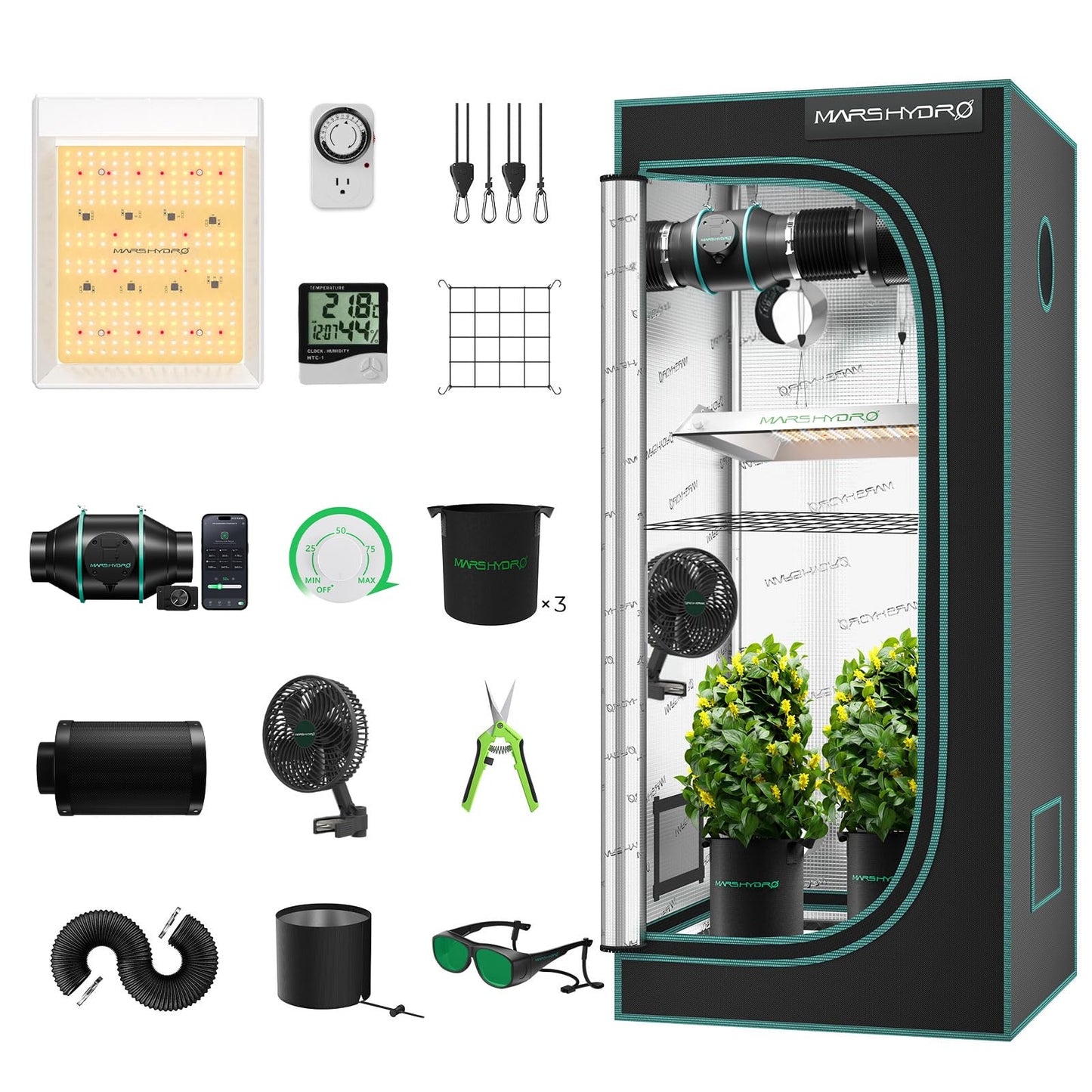MARS HYDRO 2x2 Grow Tent Kit Complete System with 10 Speed Fan,100W Upgraded TS600 LED Dimmable Grow Light,24"x24"x55" 1680D High Reflective Mylar Grow Tent,4 inch Smart WiFi Control Ventilation Kit