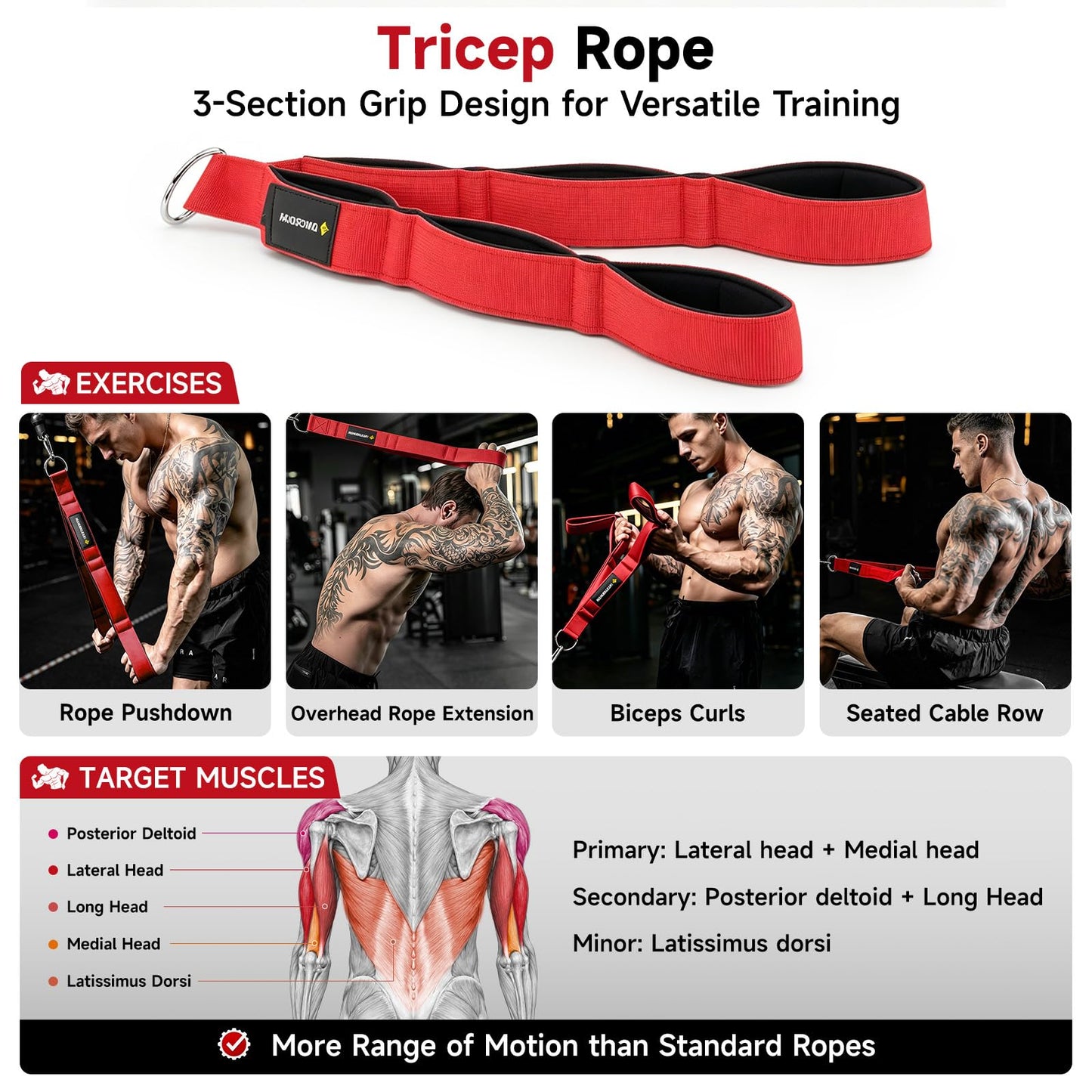 MANUEKLEAR 3PC Tricep Rope Cable Attachments Set for Full Arm Workout, Cable Machine Attachments with Non-Slip Grips, Anti-Rust Cable Attachments for Gym